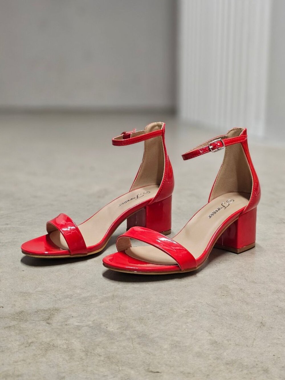 Red Patent Block Heel Sandals With Ankle Strap - Womens Dress Shoes